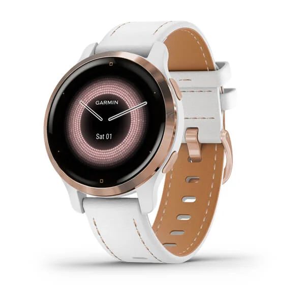 Смарт-часы Garmin Venu 2S, Wi-Fi, GPS, белые, розовое золото, с кожаным ремешком (010-02429-23)