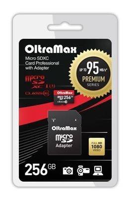 Карта памяти OltraMax 256GB microSDXC Class 10 UHS-1 Premium (U3) с адаптером SD 95 MB/s											