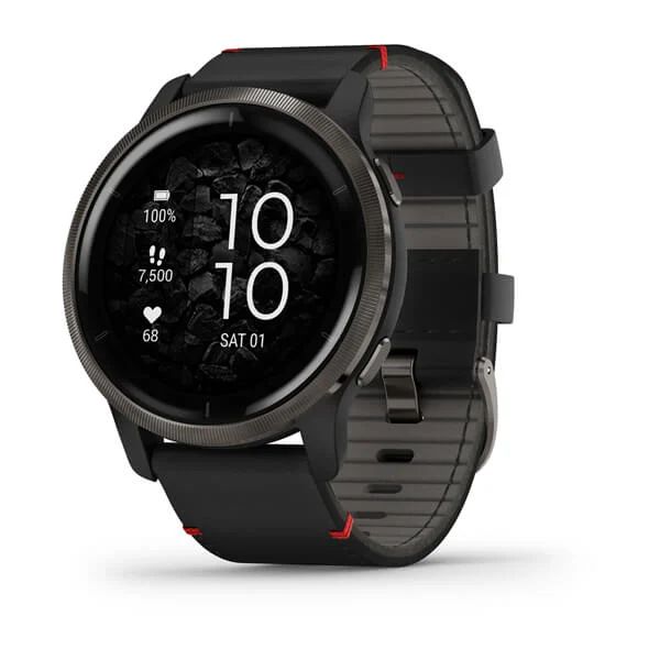 Смарт-часы Garmin Venu 2, Wi-Fi, GPS, черные с серым безелем и кожаным ремешком (010-02430-21)