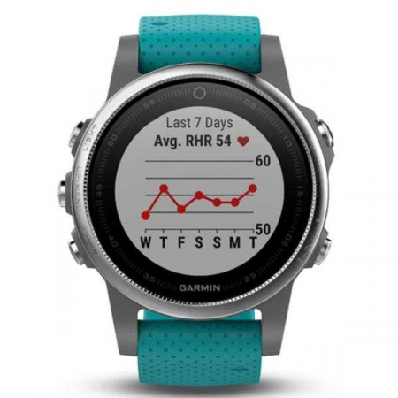 Спортивные часы Garmin Fenix 5s серебристые с бирюзовым ремешком